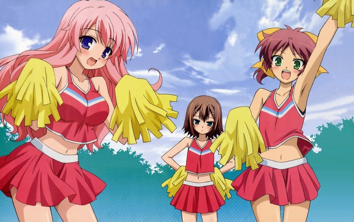 Three anime girls in cheerleading outfits with pom-poms