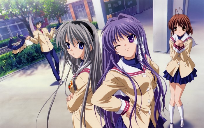 Anime characters in school uniforms on a street