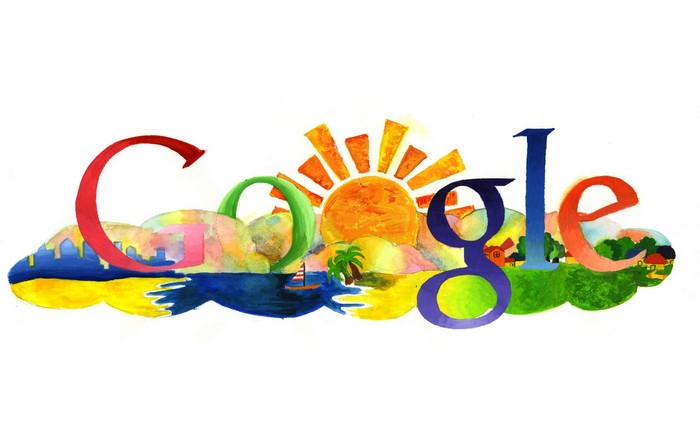 Google logo painted with a landscape and sun