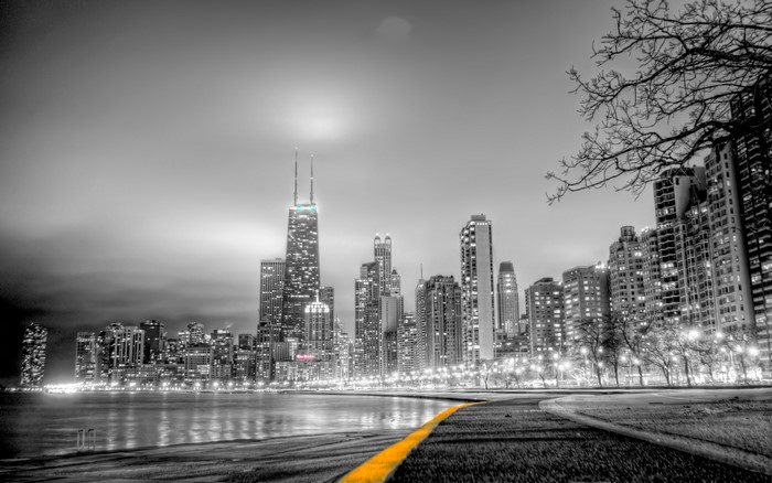 Chicago Skyline with Yellow Road