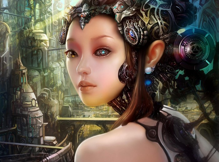 Cyborg girl in a futuristic city