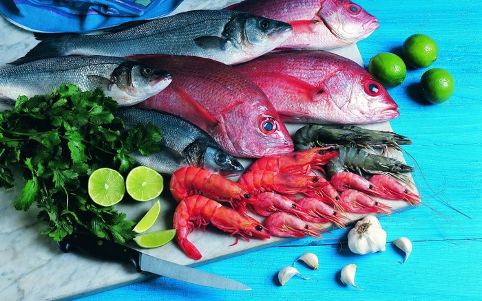 Fresh Seafood with Fish, Shrimps, Garlic, and Greens