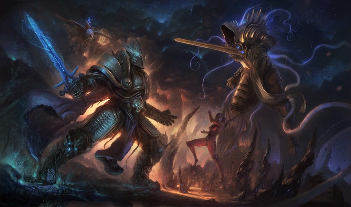 Arthas and Tyrael fighting in a dark realm
