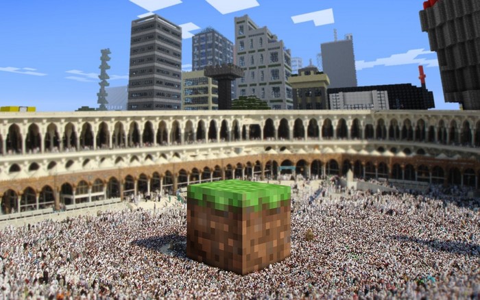 Minecraft Grass Block in Crowded City Arena