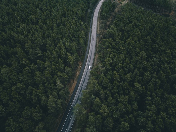 Aerial view of a road through a dense forest