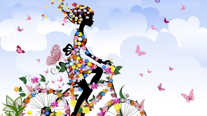 Girl on a flower-covered bike with butterflies