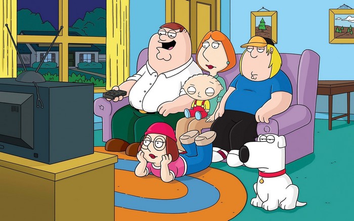Family Guy: Peter, Lois, Chris, Meg, Stewie, and Brian watch TV