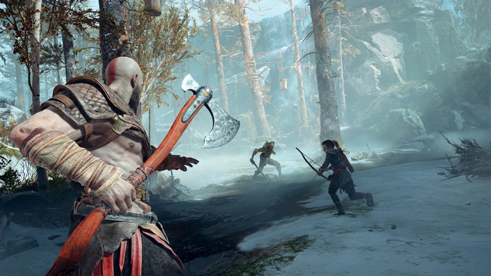 Kratos and Atreus from God of War 4 in a forest
