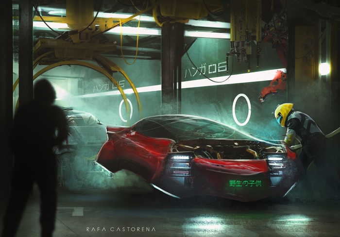 Sci-fi garage with futuristic car and mechanic