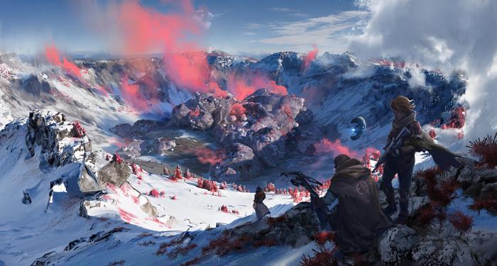 Artwork of a snowy crater with pink smoke and figures
