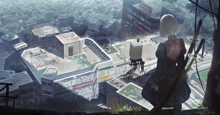 2B and Pod 042 overlooking a ruined city in Nier: Automata