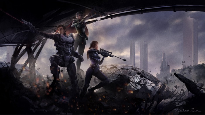 Sci-fi warriors in a destroyed city