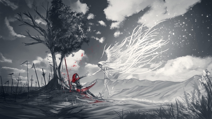 RWBY anime artwork of a fallen warrior and an angel