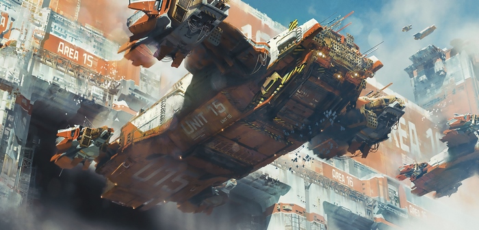 Sci-fi industrial area with flying vehicles