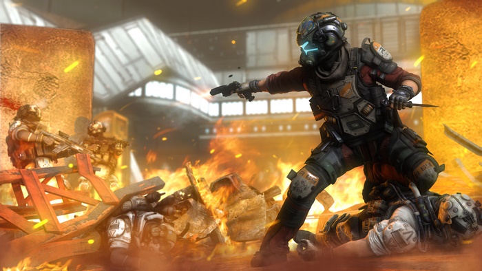 Titanfall 2 soldiers in combat with fire
