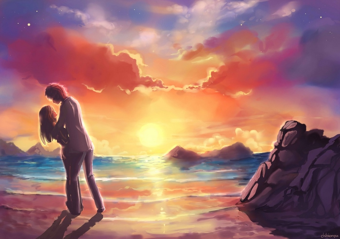 Couple embracing on a beach at sunset, digital art