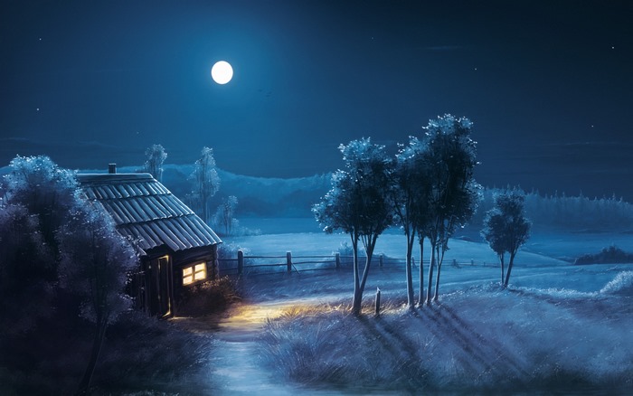 Moonlit Night Over Quiet Countryside Cottage