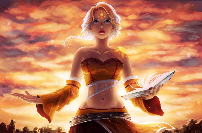 Fantasy girl with sun symbol and book