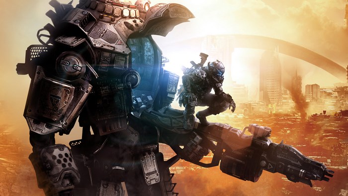 Titanfall 2 Mech and Pilot in Fiery Battlefield