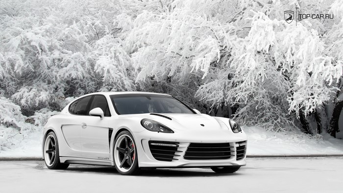 White Porsche Panamera in snow