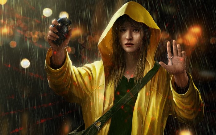 Girl in yellow raincoat holding a grenade in the rain