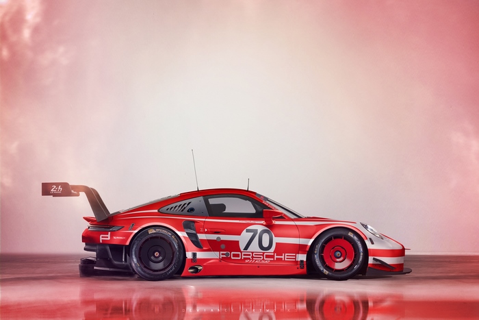 Red Porsche 911 GT3 R race car with number 70