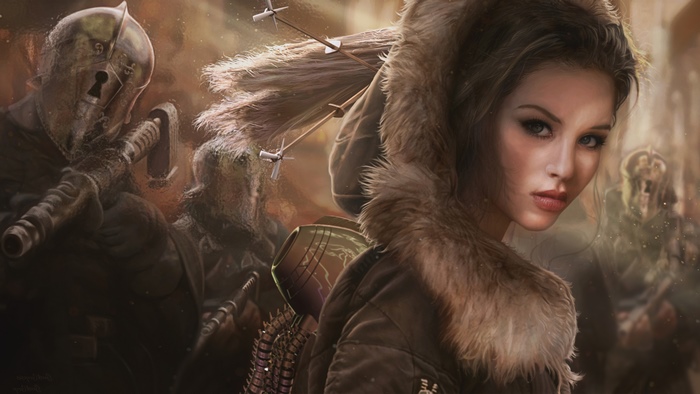 Fantasy girl with fur hood and warriors