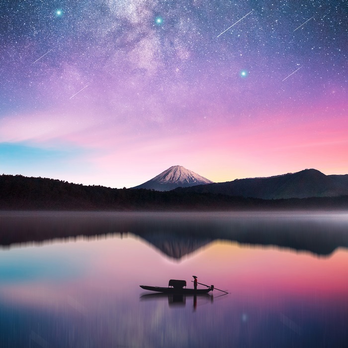 Milky Way over Mount Fuji with a boat