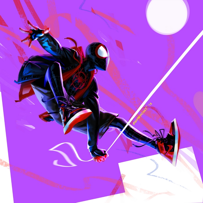 Miles Morales Spider-Man swinging in Into the Spider-Verse artwork