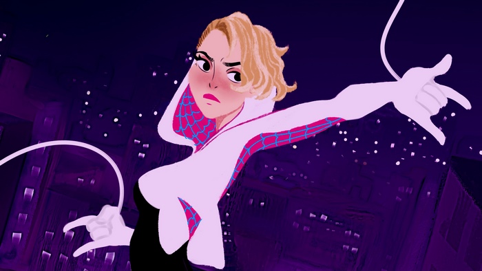 Gwen Stacy as Spider-Gwen in a city at night
