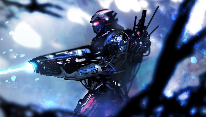Futuristic warrior with glowing weapon