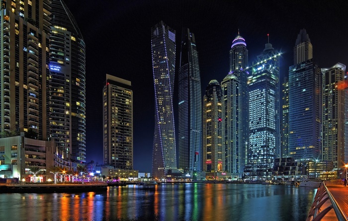 Dubai Marina skyscrapers at night, United Arab Emirates