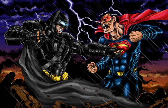 Batman vs. Superman in a stormy battle