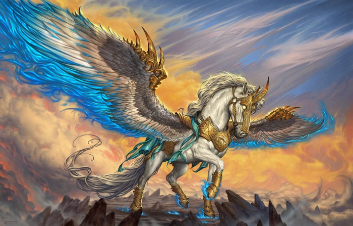 Majestic Golden Armor Pegasus with Fiery Blue Wings