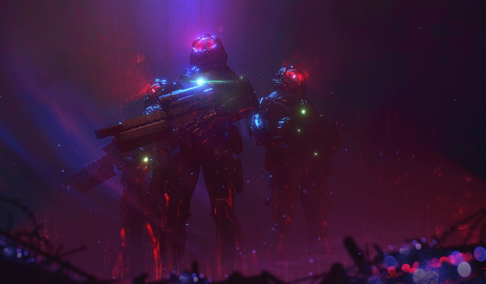Futuristic warriors with advanced weapons in a dark, smoky environment