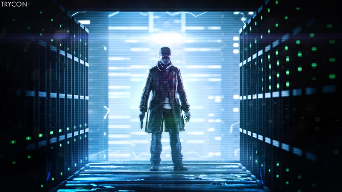 Aiden Pearce from Watch Dogs in a server room