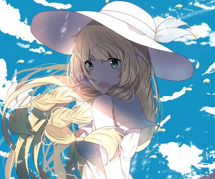 Lillie from Pokemon wearing a white sun hat