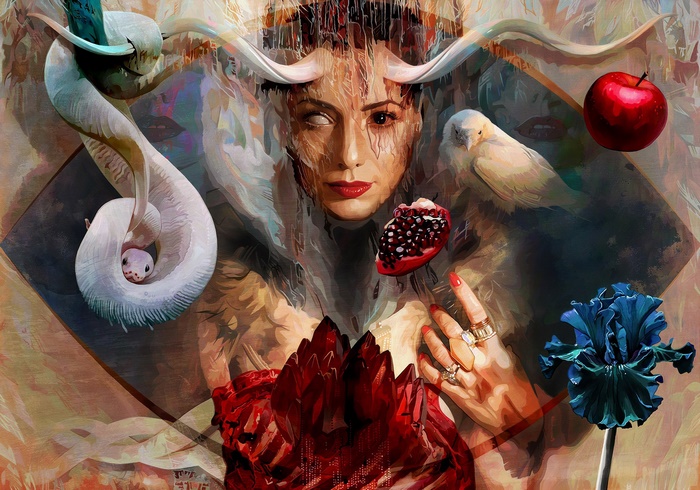 Woman with horns, snake, birds, and fruit