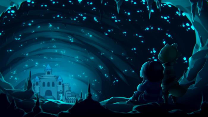 Monster Kid and Frisk from Undertale in a cave