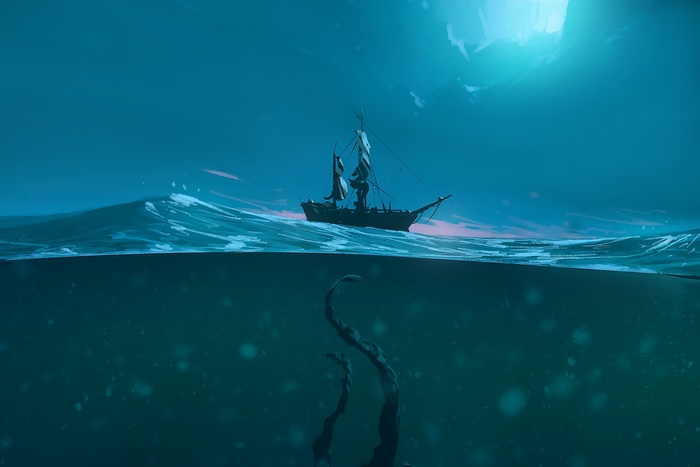 Ship sailing on ocean with sea monster tentacles below