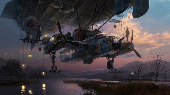 Steampunk airship with bomber aircraft attached