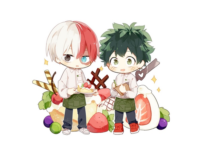 Chibi Todoroki and Midoriya with Desserts