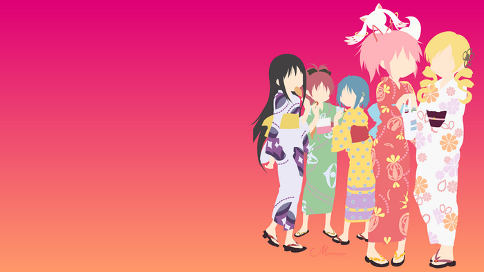 Puella Magi Madoka Magica characters in yukatas