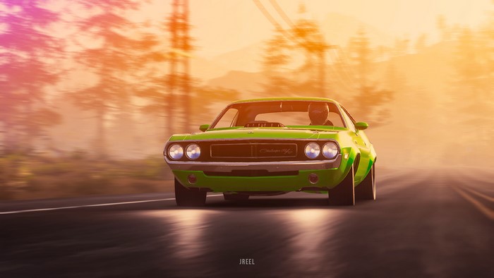 Green Dodge Challenger driving on a road
