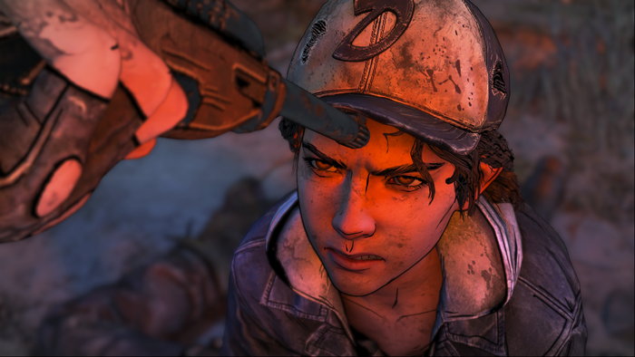 Clementine from The Walking Dead with a gun to her head
