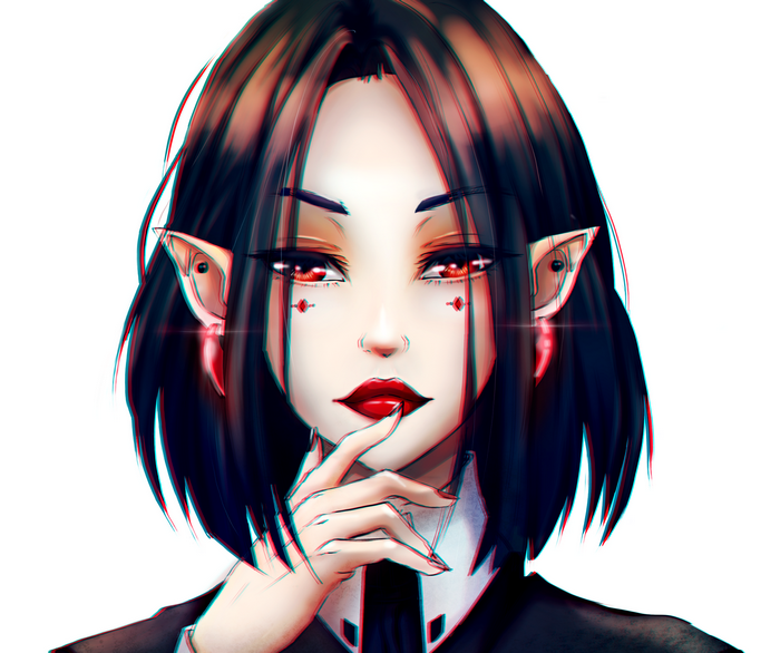 Vampire girl with short black hair and red eyes