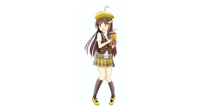 Anime girl with brown hair and yellow eyes holding coffee drink