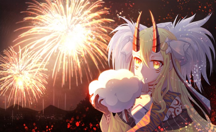Ibaraki Douji eating cotton candy with fireworks