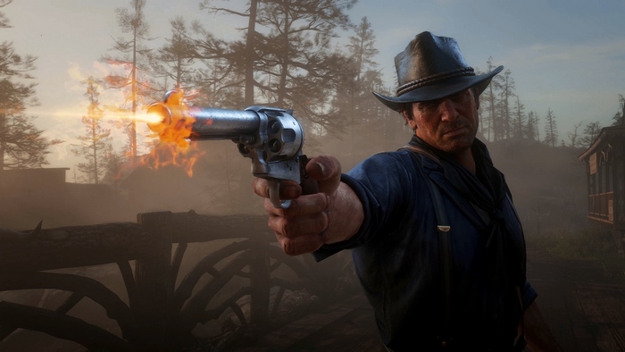 Arthur Morgan firing a revolver in Red Dead Redemption 2