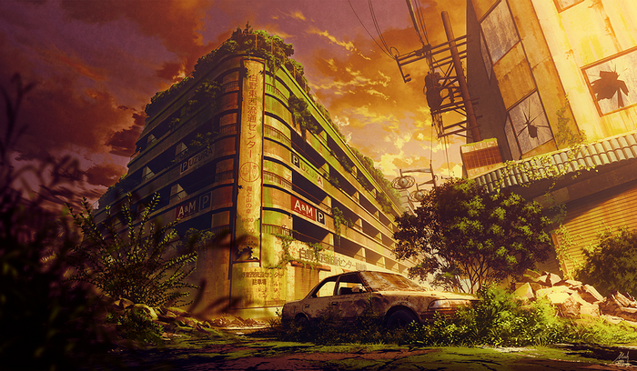 Post-apocalyptic city with overgrown buildings and abandoned car